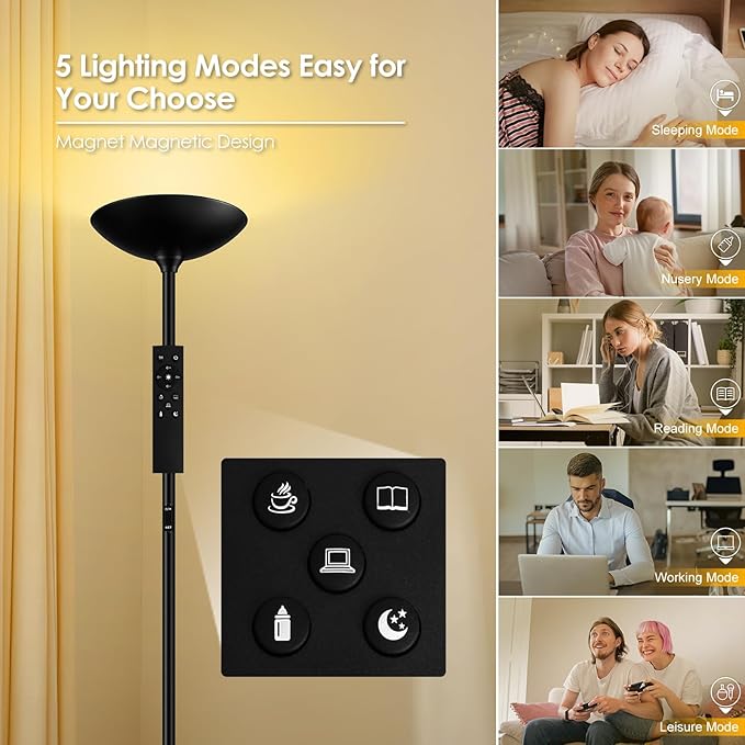 Stepless Dimmable Floor Lamp,30W 3000LM Super Bright LED Torchiere Floor Lamps with Remote & Touch Control,71 in Tall Modern Standing Lamp for Living Room Bedroom Office,2700k-6500k,Black
