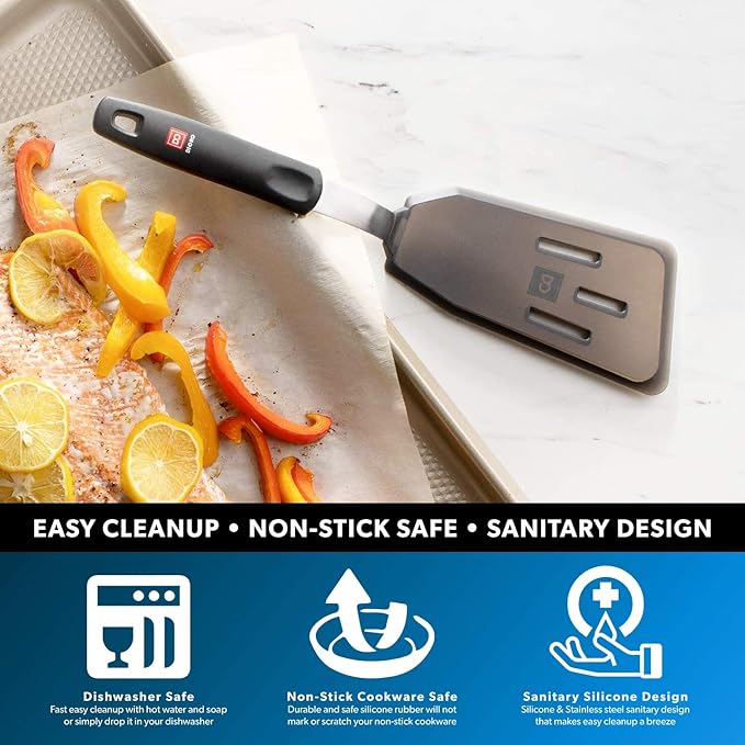 DI ORO Silicone Fish Spatula - for Nonstick Cookware - Fish Turner Spatula 600°F Heat-Resistant BPA Free - Slotted for Cooking - Non Stick Thin Egg Flipper (Black)
