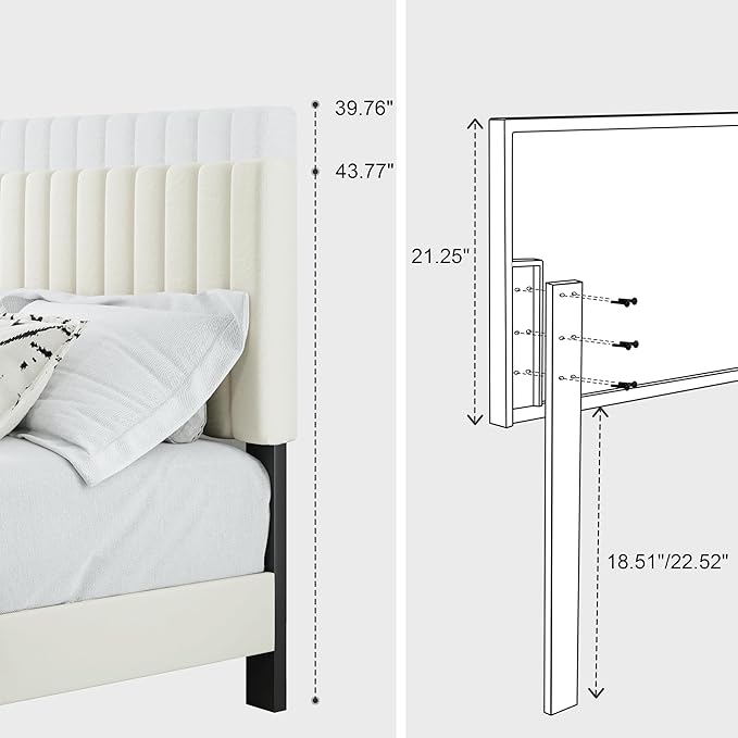 Twin Size Bed Frame, Velvet Upholstered Platform Bed with Adjustable Tufted Headboard, Sturdy Frame and Slats, No Noiseless, No Box Spring Required, Easy Assembly, Beige