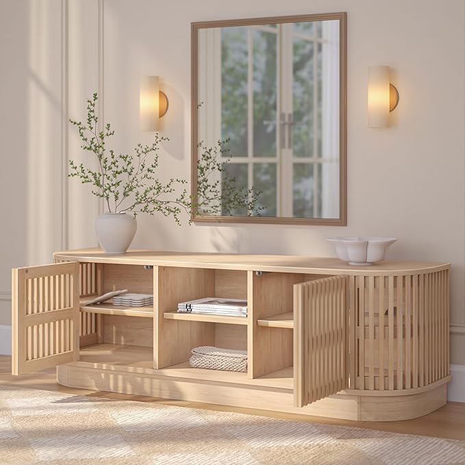 Plank+Beam Contour Wood TV Stand, Solid Wood Entertainment Console with Storage, 59" L x 16" W x 19" H, Blonde