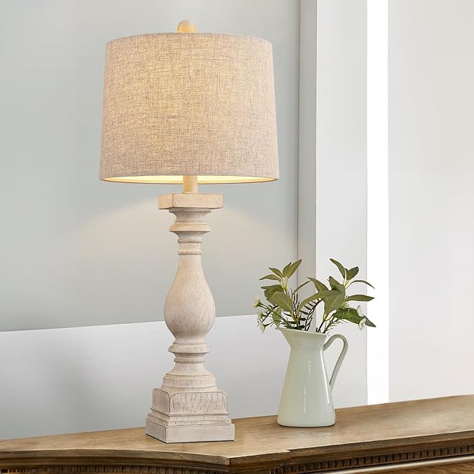 BOBOMOMO Retro 27" USB Charging Ports A/C Wash-White Farmhouse Lamps for Bedrooms Side Table Lamps Bedside Lamp for Nightstand Living Room 1 Pack