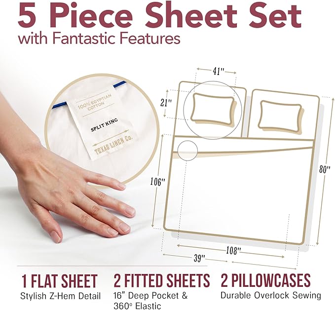 TEXAS LINEN CO. Egyptian Cotton Split King Sheet Set - 800 Thread Count 5 PC Taupe Egyptian Cotton Sheets for Adjustable Bed, Extra Long Staple Cooling Sheets, Luxury Hotel Sheets, 16" Deep Pocket