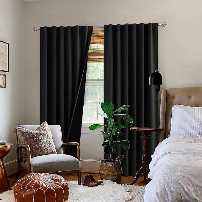 BGment 100% Blackout 80 Inch Curtains with Thermal Insulation Liner, Rod Pocket and Back Tab Double Layer Room Darkening Window Treatment Curtain for Living Room (52 x 80 Inch, 2 Panels, Black)