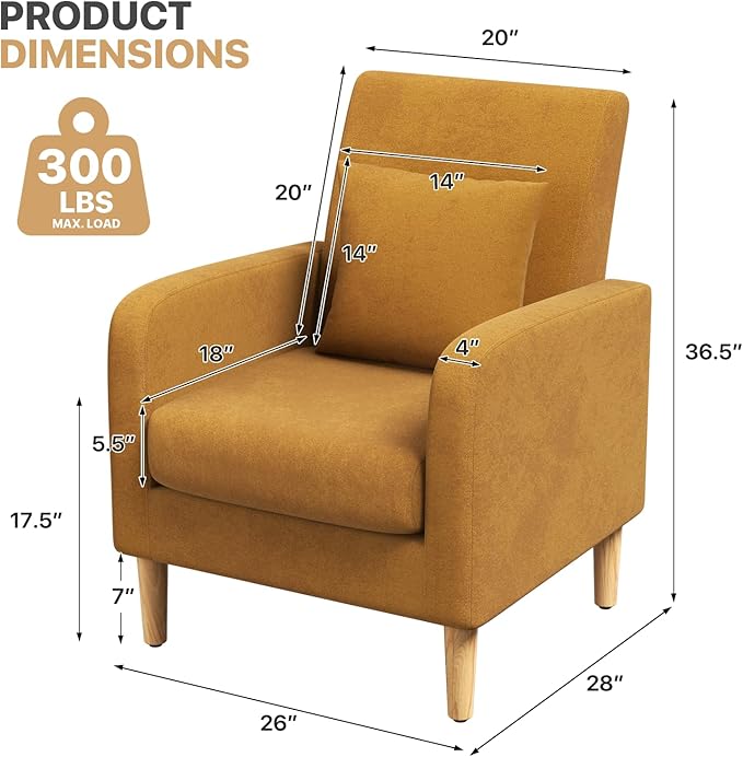 Magshion Mid-Century Accent Chair for Living Room, Comfy Reading Chair for Bedroom, Upholstered Linen Fabric Armchair Single Sofa with Back Pillow & Wood Legs, 300 lbs Capacity, Yellow