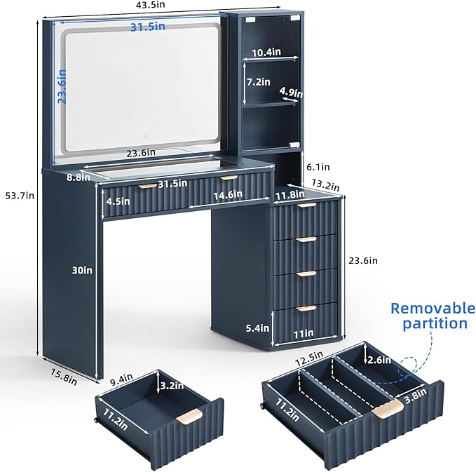 LEYAOYAO Vanity Desk with Mirror and Lights with Stool, 43.5'' Fluted Makeup Vanity with 6 Drawers and Adjustable Shelves,Wood Make Up Vanity Set with Glass Top and Power Outlet for Bedroom