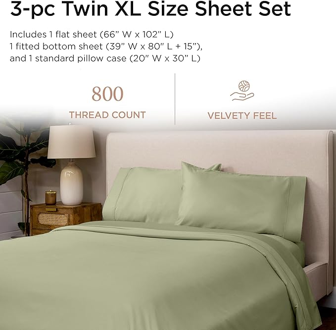 Threadmill 800 Thread Count 100% Cotton Sheets - Luxury Sateen Weave Sage Green Twin XL Bed-Sheets, Better Than Egyptian Cotton,3 Pc Solid Bedding Set, Fits 15" Deep Pocket