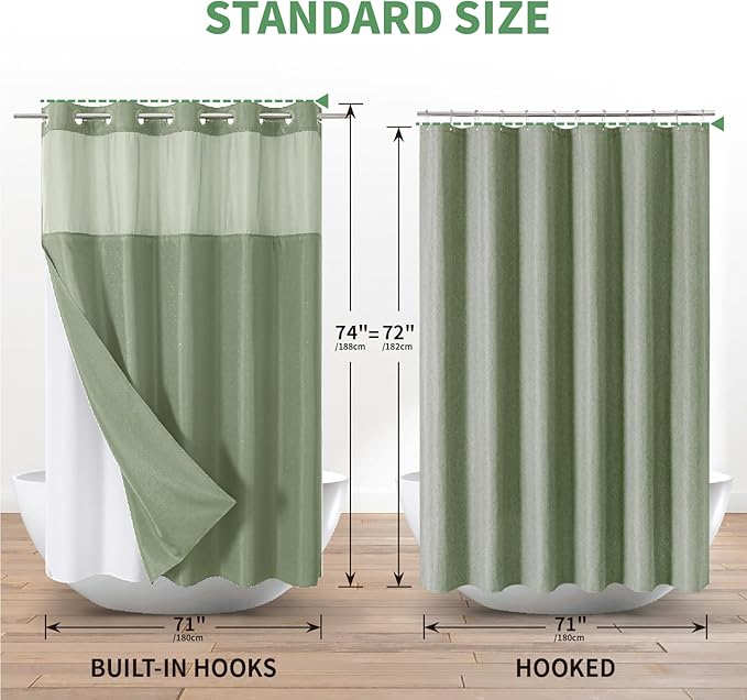Sage Green No Hook Shower Curtain with Snap-in Fabric Liner Set,Slub Textured Fabric Shower Curtains for Bathroom,Hotel Style Modern Shower Curtain,Water Repellent & Washable,71x74(72)