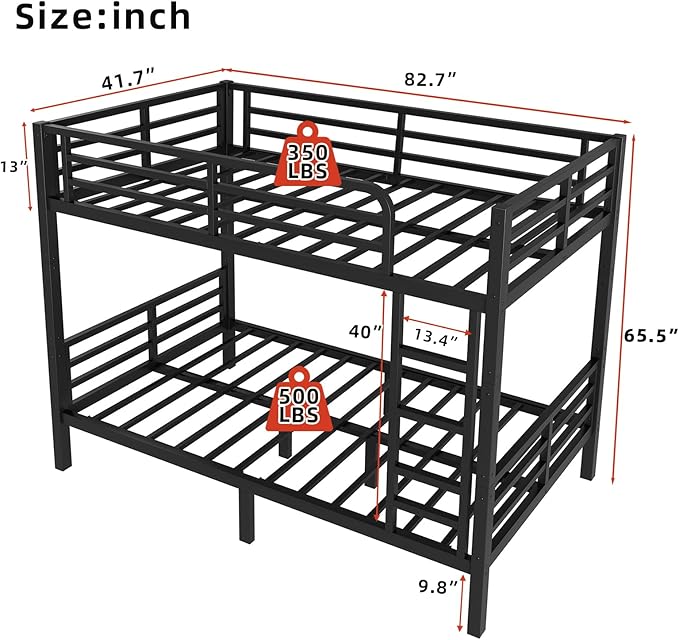 Twin XL Over Twin XL Bunk Bed Frame, Heavy Duty Metal Loft Bed for Adults/Teens, 350/500LB Capacity w/Ladder & Guardrail, Noise-Free Steel Slats, No Box Spring Required, Black