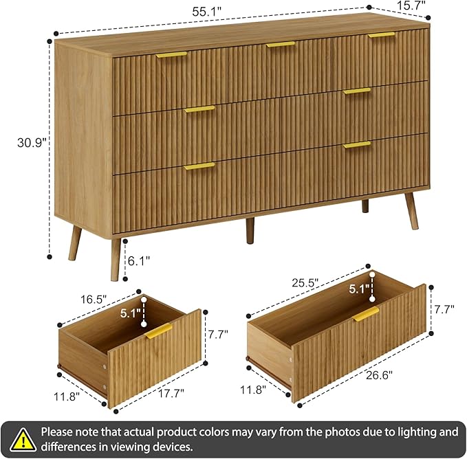 LYNSOM 55" Wide Fluted Dresser for Bedroom with 7 Drawer, Modern Chest of Drawers with Curved Profile Design and Metal Handles, Wood Dresser TV Stand & Storage Organizer for Living Room, Natural Oak
