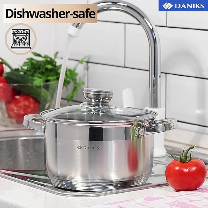 Daniks Standard Stainless Steel Stock Pot with Glass Lid – Induction 4 Quart, Dishwasher Safe, Measuring Scale, For Soup, Pasta, Stew, Silver