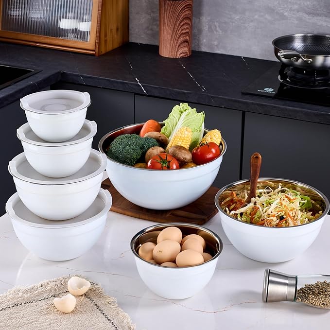 White Mixing Bowls With Airtight Lids,Stainless Steel Bowl,Salad Bowls 7 Piece Colorful Nesting Bowl White Kitchen Accessories,Size 7,3.6,2.7,2.1,1.5,1.1,0.8QT Stackable Design