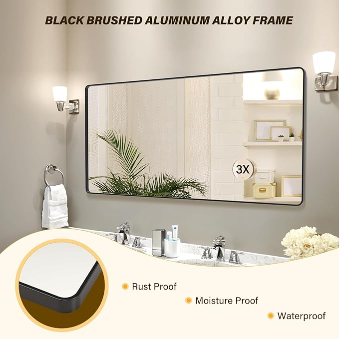 72X36 Inch Black Metal Framed Bathroom Mirror for Wall, Rounded Rectangle Mirror, Matte Black Bathroom Vanity Mirror, Environmentally Friendly Resin Mirror, Anti-Rust