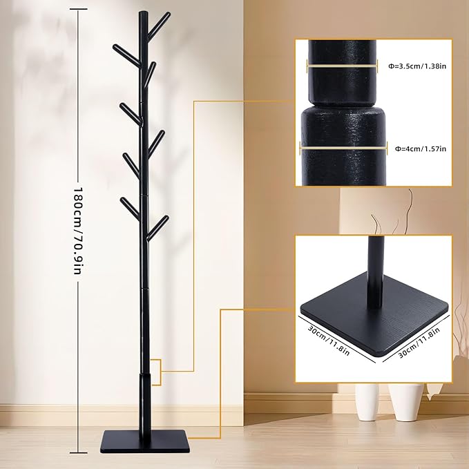 Coat Rack Freestanding with Stable Square Base for Cloathes, Hat, Used in Bedroom, Office and Entryway, Sturdy and Easy Assembly Coat Tree with 3 Adjustable Sizes and 8 Hooks, Black