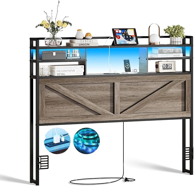 Headboard for Full Size Bed with Storage, Headboards with Power Outlets and RGB LED Light, Sturdy Full Size Headboard, Stable Head Board with Bed Adapter for Bedroom/Dorm/Guest Room