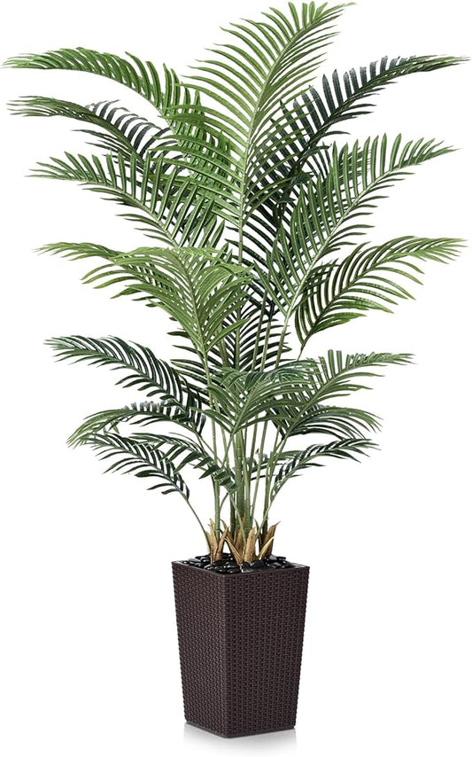 6FT Artificial Palm Tree - Tall Fake Tree with Brown Taper Planter & Pebbles, UV Resistant for Indoor & Outdoor Decor - Large Potted Faux Plant for Living Room, Office, Home Decor,VN130