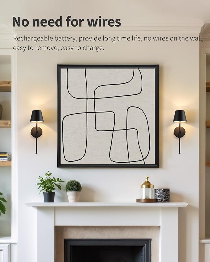 KDG Wireless Wall Sconces Set of 2, Small Cordless 5200mAh Rechargeable Battery LED Wall Lamps, Stepless Dimming Lightings for Wall Painting, Living Room, Bedroom, Hallway, Gifts, Night Light (Black)