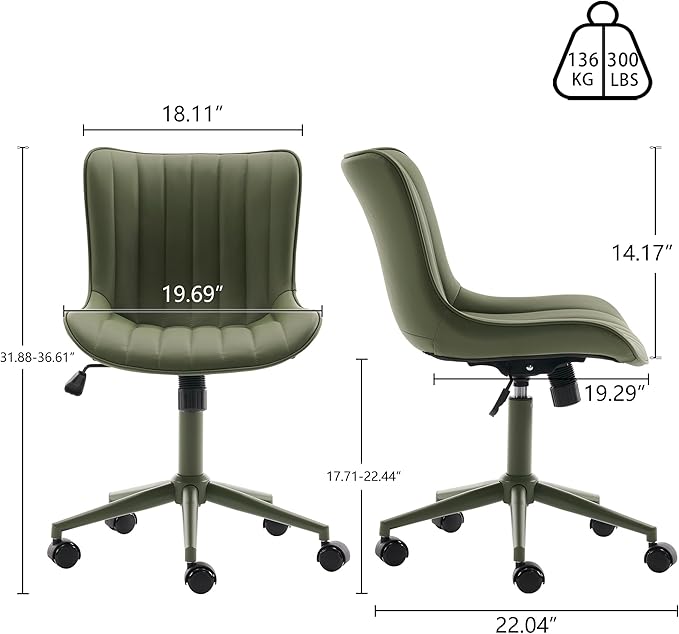 YOUNIKE Green Home Office Desk Chair with Wheels Armless Compact Comfy Vanity Chair with Adjustable Back Modern Small Leather Upholstered Rolling Swivel Cute Computer Task Sewing Chair No Arms