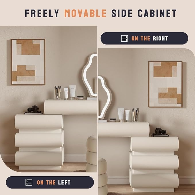 Makeup Vanity Desk with Mirror and Lights, Luxury Dressing Table with Free Retractable Side Cabinet, Microfibre Leather Wrapped Vanity Set with 5 Solid Wood Drawers, Stool-47.2in / White