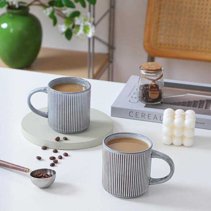 Coffee Mugs Set of 4, 12 OZ Ceramic Coffee Mugs with Handle, Vertical Stripes Coffee Cups Set for Latte/Tea/Cocoa/Milk, Microwave and Diahwasher Safe (Smoky Blue)