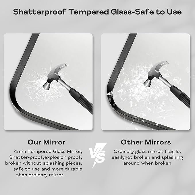 Wall Mount Mirror for Bathroom, Brushed Black Metal Framed Large Rounded Corner Rectangular Vanity Mirror, Tempered Glass (30" x 55", Black)