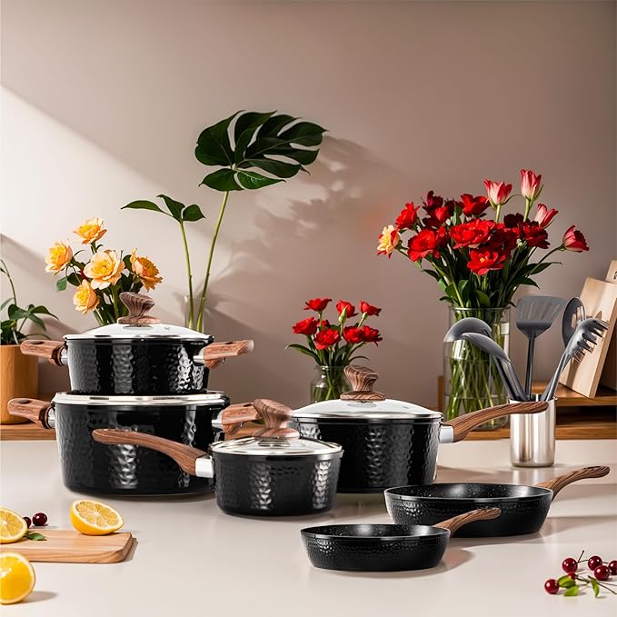 DishDelight 15 Piece Pots and Pans Set Non Stick, Induction Nonstick Kitchen Cookware Sets, Nonstick Induction Cookware with Frying Pans and Saucepan Set, Non-toxic Kitchen Cooking Set, Black