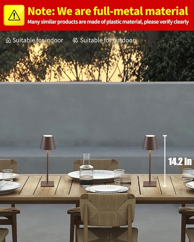 KDG 2 Pack Cordless Table Lamp,Portable LED Desk Lamp, 4000mAh Battery Operated, 3 Color Stepless Dimming Up, for Restaurant/Bedroom/Bars/Outdoor Party/Camping/Coffee Shop Night Light(Brown)