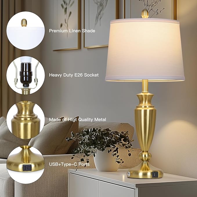 27'' Gold Table Lamps for Living Room, 3 Way Touch Control Bedside Lamps Set of 2 with USB A+C Ports, Modern Metal Nightstand Lamps for Bedroom Living Room Office End Table
