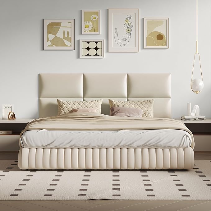 Beige Stick Headboard - 12-Piece Wall-Mounted Bed Backboard for Queen Size Beds, 24 x 12 Inches, Easy-to-Install Decorative Bed Head and Peel and Stick Queen Size Headboard for Bedroom Décor