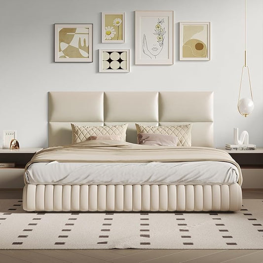 Beige Stick Headboard - 12-Piece Wall-Mounted Bed Backboard for Queen Size Beds, 24 x 12 Inches, Easy-to-Install Decorative Bed Head and Peel and Stick Queen Size Headboard for Bedroom Décor