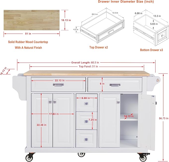 Generic 60.5"" Kitchen Island on Wheels, Rolling Island Table for Kitchen with Double Storage Cabinet and 5 Drawers, Portable Kitchen Cart with Rubber Wood Top, White, Large