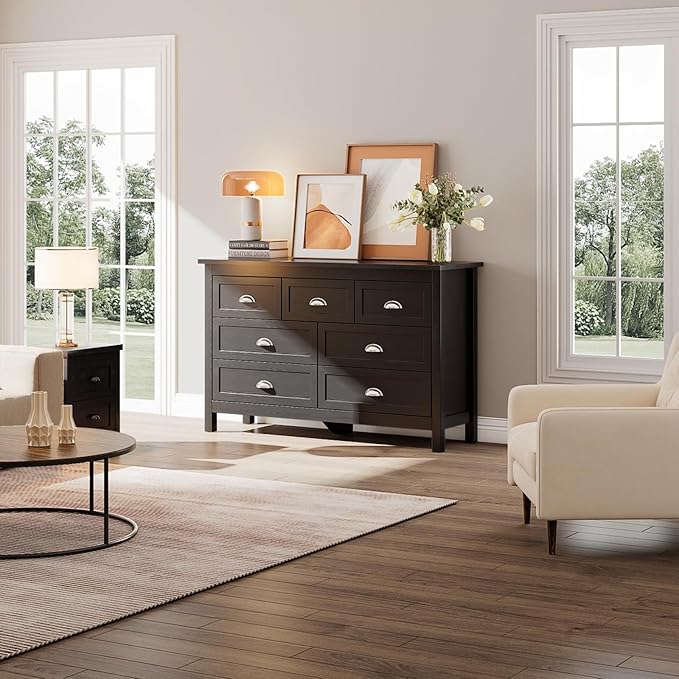 7 Drawer Dresser, Farmhouse Dresser for Bedroom, Antique Black Chest of Drawers, Modern Double Dressers for Bedroom, Closet