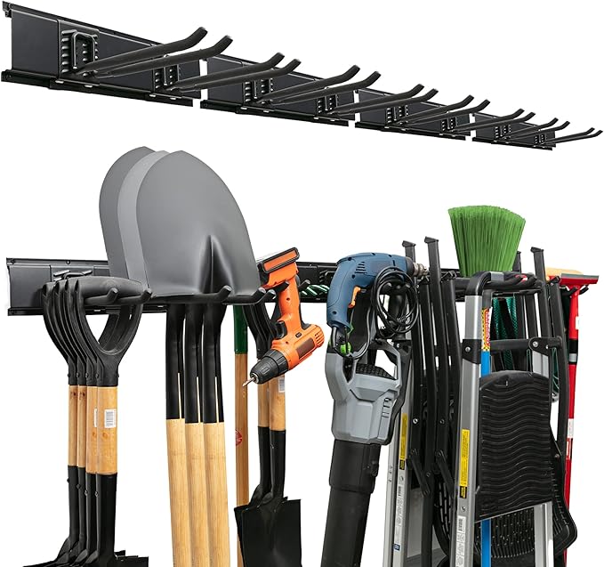 Garage Tool Organizer Wall Mount - 64 inches - Sturdy Storage Rack with Adjustable Hooks, Anti-Rust - Easy Installation, 400lbs Capacity - Garden Tool Organizer (04 Racks & 08 Hooks)