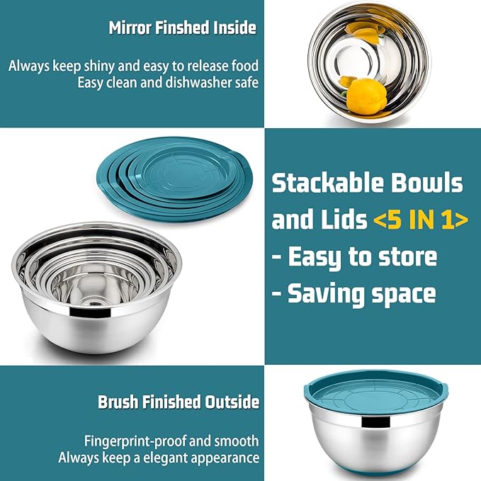 P&P CHEF Mixing Bowls with Lids Set of 5, Stainless Steel Nesting Salad Bowl with Lid & Base for Non-slip Mixing Prepping Storing Serving, 5 Sizes-7/3.5/2.5/1.5/1 QT, Blue