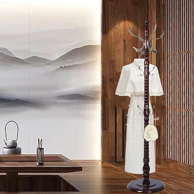 Coat Rack Freestanding, Wooden Tree Coat Rack Stand with 2 Adjustable Sizes Coat Tree and 14 Hooks, Sturdy Hall Tree with Solid Round Base for Entryway, Hallway, Bedroom (Reddish Brown-Metal Hook)