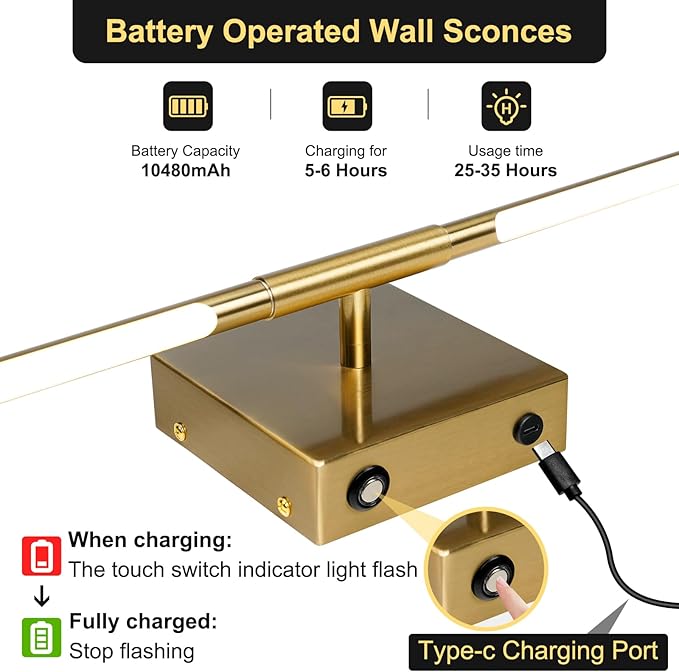Battery Operated Wall Sconces Set of 2, Battery Wall Sconce with Remote Control, 350°Rotate, LED Rechargeable Sconces,3000K-6000K Wireless Wall Light for Bedroom, Living Room, Hallway(Gold,24Inch)