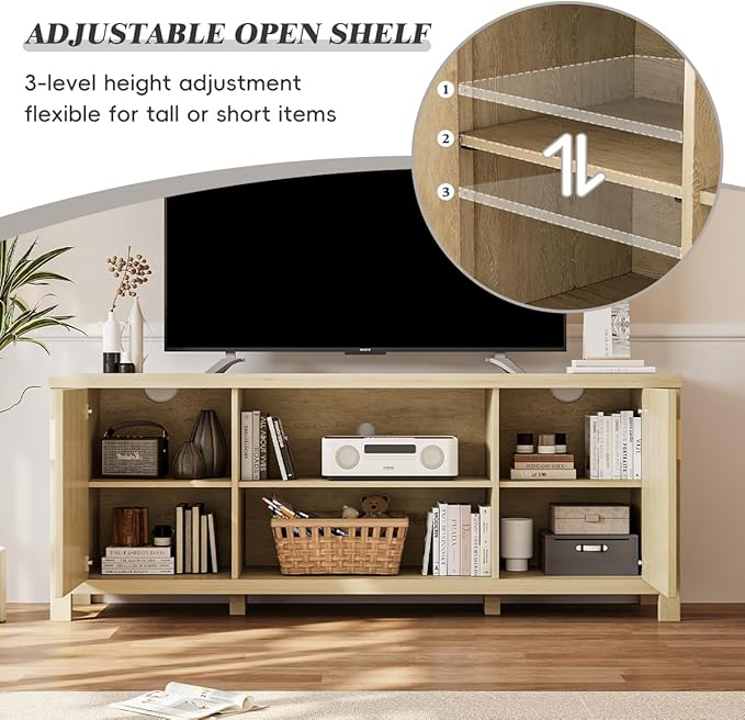 Rattan TV Stand for TVs up to 65'',Boho Entertainment Center with Adjustable Shelves, Mid Century Modern Media TV Console Cabinet with Rattan Doors for Living Roon Bedroom Natural LTV91Y