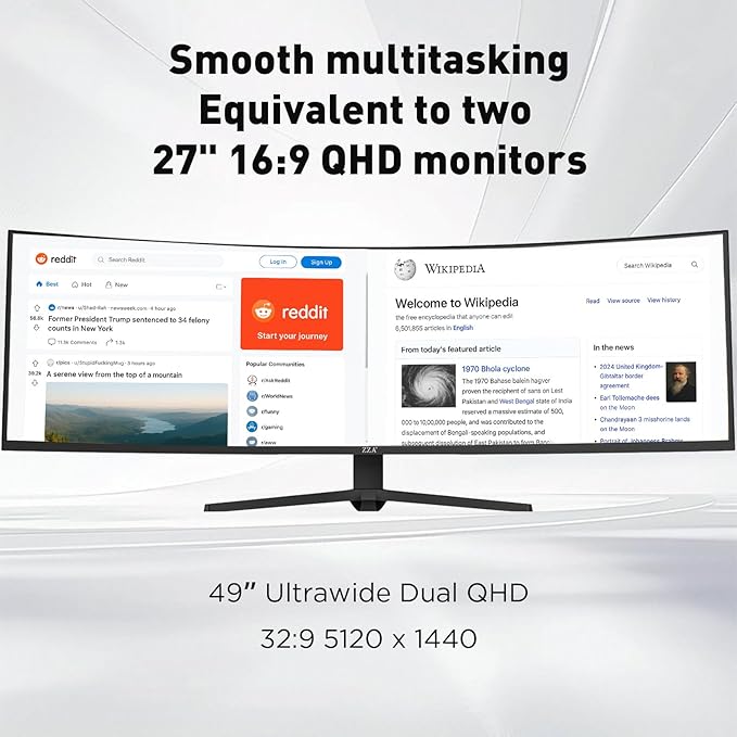ZZA 49 Inch Curved Monitor, 32:9 Dual QHD 5120x1440 Ultrawide Curved Monitor, 120Hz with 1500R Curvature, 120% sRGB, Height Adjustable Stand, HDMI 2.1 & DisplayPort 1.4