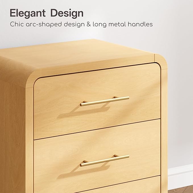 Curved 3-Drawer Nightstand Dresser, 23.6'' Wide Modern Wood Bedside Tables with Long Metal Handles, Large Storage End Tables for Bedroom, Office, Natural Oak
