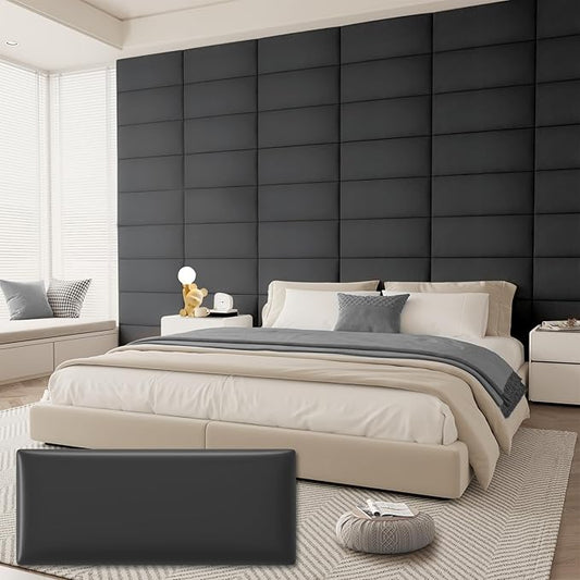 Upholstered Headboard for King Size Bed, Wall Mounted & Peel and Stick Headboard, Soundproof DIY Wall Panels, Leather Head Board in Modern Design for Bedroom (12 Panels, Each 23.62"x9.84"