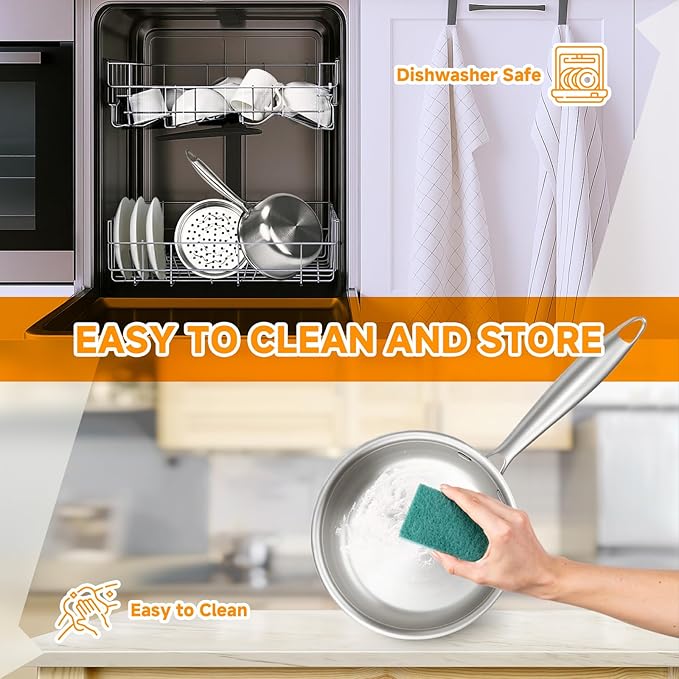 Ohtomber Stainless Steel Sauce Pan - Tri-Ply 1.5 Quarts Steamer for Cooking, Small Cooking Pot with Steamer Basket, Sauce Pan with Lid, Non Stick Saucepan, Induction Steam Pot for Vegetable, Oatmeal