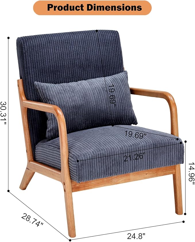 IKIFLY Mid Century Modern Accent Chair with Pillow, Upholstered Lounge Armchair with Solid Wood Frame, Reading Chair with Lumbar Cushion for Living Room, Office, Reading Room, Bedroom - Dark Grey