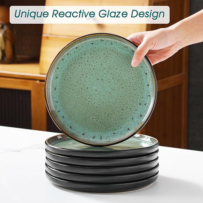 vancasso Plates and Bowls Sets, 18 Pieces Stoneware Dinnerware Sets for 6, Kitchen Dish Set Mircowave and Dishwasher Safe Dinner Set Ceramic Dishware, Turf Green, Series AMBER