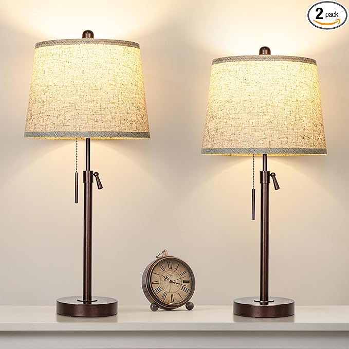 Table Lamps Set of 2, 22" to 30"Adjustable Height Bedside Lamps for Living Room 3 Color Temperatures Tall Nightstand Lamps Modern Brown Table Lamp for Bedroom Office End Table (Bulbs Included)