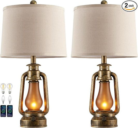 RORIANO 25" Set of 2 Rustic Lantern Table Lamps for Living Room Bedroom, 2 USB Ports Farmhouse Vintage Bedside Desk Lamp Nightlight for Entryway Office End Table, 4 Bulbs Included