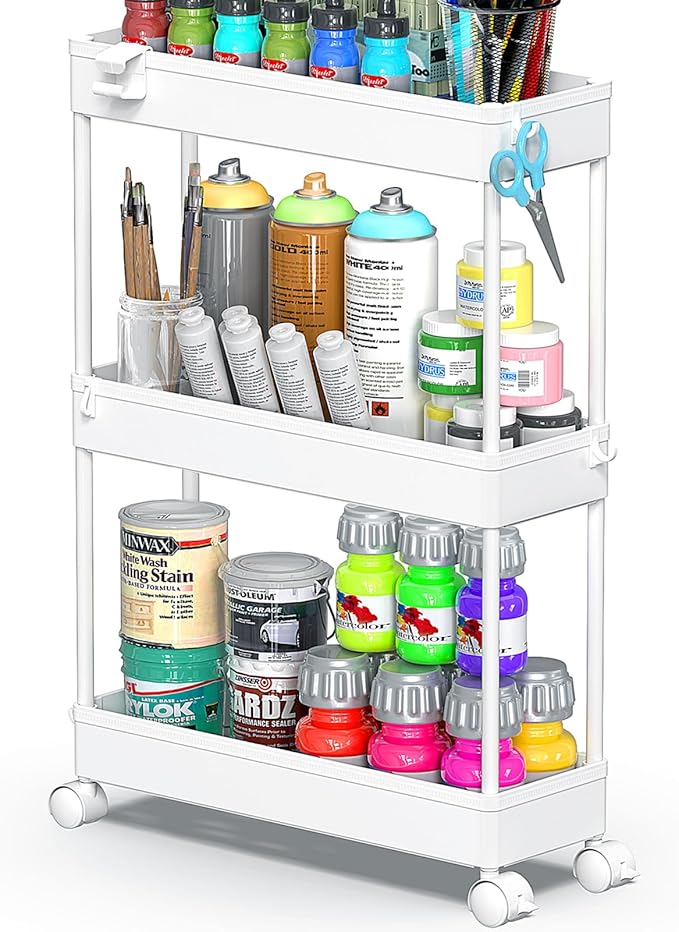 SPACEKEEPER Slim Rolling Storage Cart, 3 Tier Bathroom Storage Organizer Laundry Room Utility Cart Mobile Shelving Unit, Multi-Purpose for Kitchen Office Bathroom Laundry Narrow Places, White