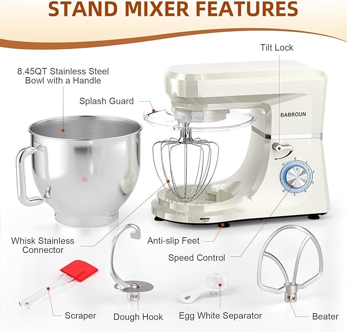 8.45 QT Stand Mixer - 660W 6 Speed Large Capacity Kitchen Electric Mixer with Whisk Dough Hook Mixing Beater Household Food Mixer for Baking Cakes Cookie Bread Salad (White)