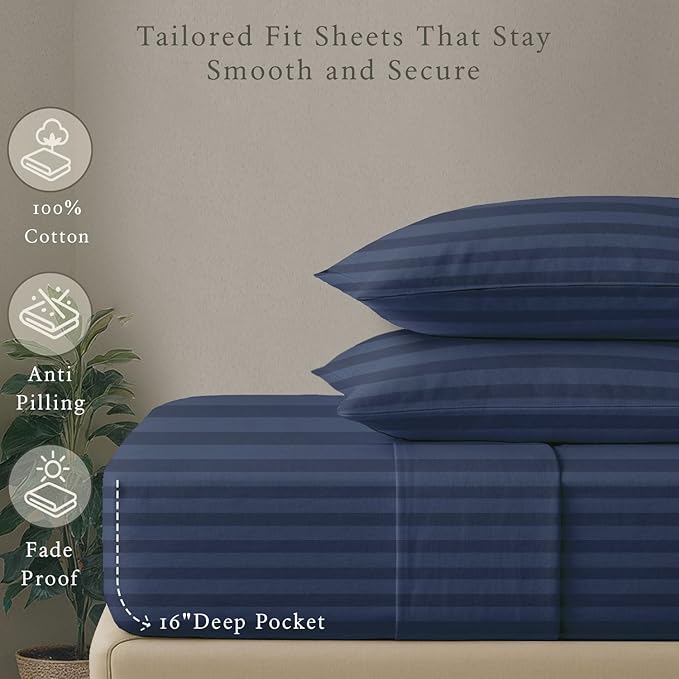 Threadmill 500 Thread Count Full-Size Damask Stripe, 4 Pc Luxury Cotton Sheet Set, Silky Smooth Folkstone Blue Sheets with 16" Elasticized Deep Pocket, 2 Pillowcases & Free Tote Bag