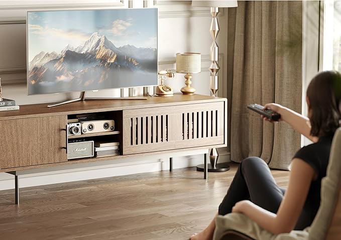 Claiks Mid Century Modern TV Stand for TV up to 70 inch, Entertainment Center with Sliding Barn Doors & Adjustable Shelve, Retro Low Profile Media Console TV Table for Living Room, Walnut