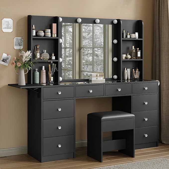Vanity with Power Outlet, Vanity Desk with Mirror and 10 LED Lights, 10 Drawers Makeup Vanity with 6 Shelves, Fold-up Panel, Dressing Table for Bedroom, Black