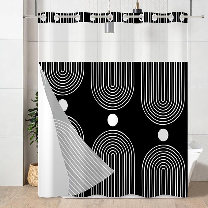 No Hook Shower Curtain with Snap in Liner, Black and White Mid Century Modern Arch Heavy Duty See Through Window Waterproof Machine Washable Bathroom Curtain 71" W x 74" L (Pack of 1)